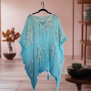 Debbie Katz turquoise metallic kaftan top tassel trim beach coverup S resort